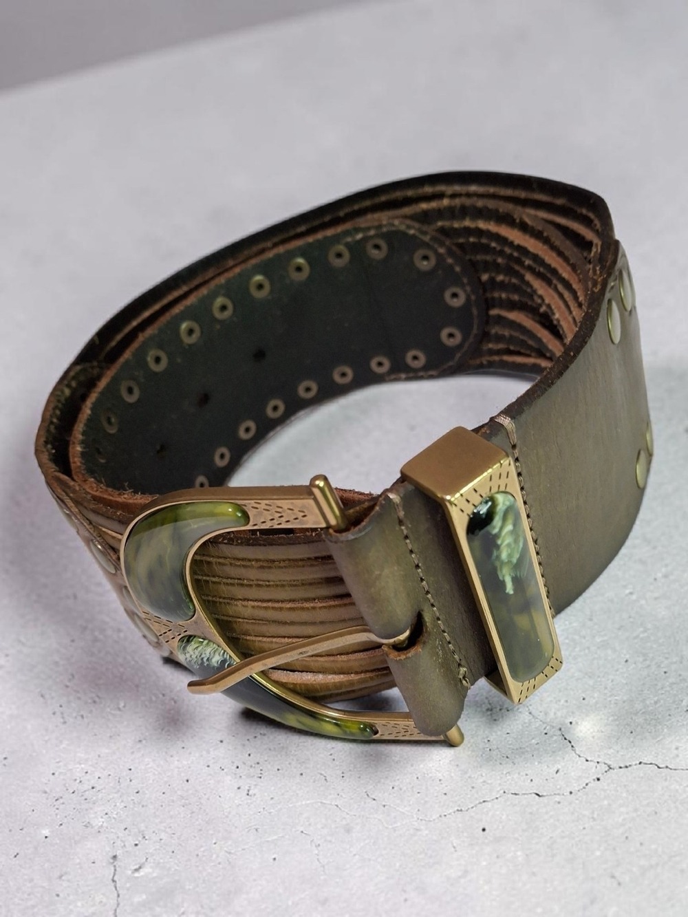 Linea Pelle Brown Leather Belt with Brass-Tone Green Accent Buckle - Picture 2 of 11